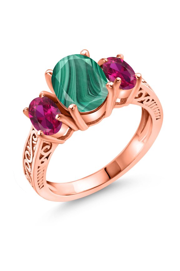 3.50 Ct Oval Green Malachite Red Created Ruby 18K Rose Gold Plated Silver Ring (Size 5)
