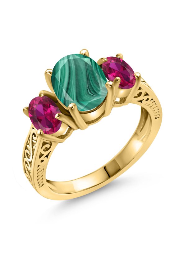 3.50 Ct Oval Green Malachite Red Created Ruby 18K Yellow Gold Plated Silver Ring (Size 6)