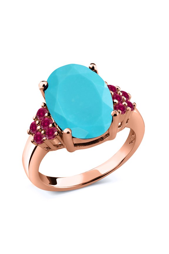 3.50 Ct Oval Green Turquoise Red Created Ruby 18K Rose Gold Plated Silver Ring (Size 7)