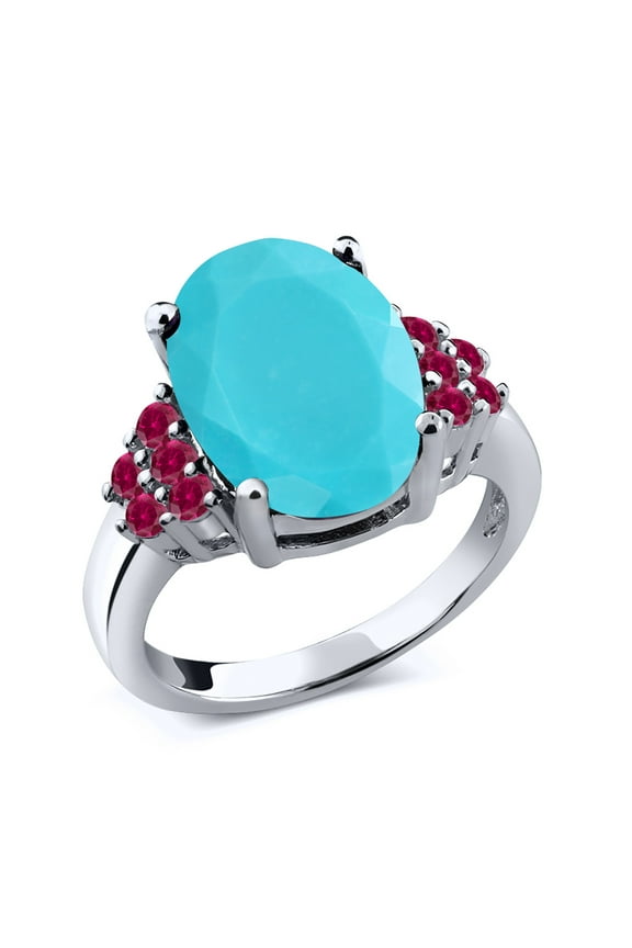 3.50 Ct Oval Green Turquoise Red Created Ruby 925 Sterling Silver Ring (Size 5)