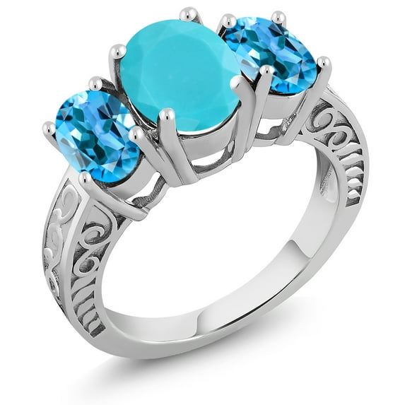 Gem Stone King 3.50 Ct Oval Green Turquoise Swiss Blue Topaz 925 Sterling Silver Ring (Size 9)