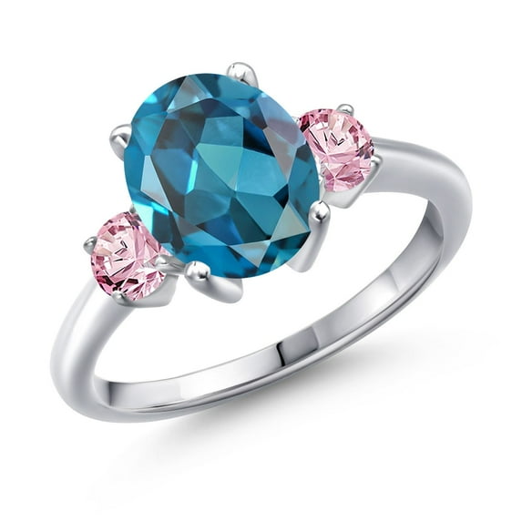 Gem Stone King 3.50 Ct Oval London Blue Topaz Pink Lab Grown Diamond 925 Sterling Silver Ring