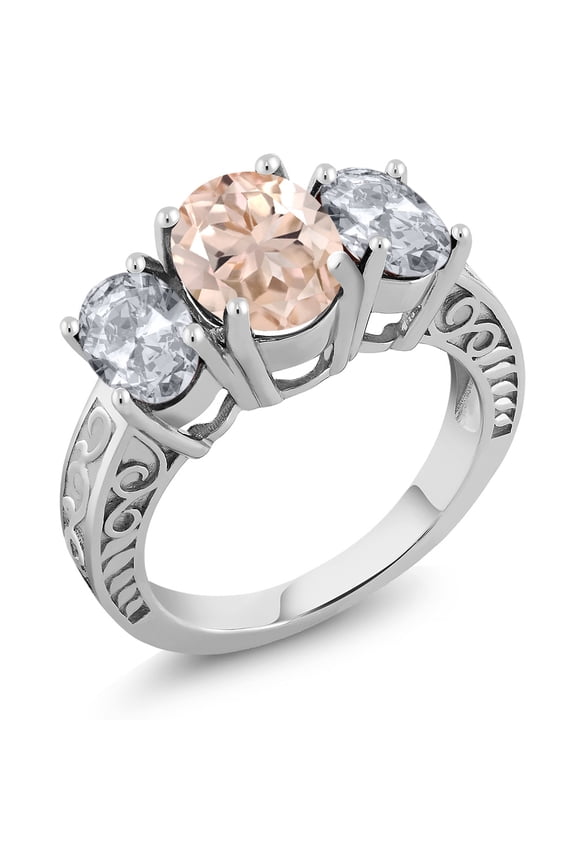 3.50 Ct Oval Peach Morganite White Topaz 925 Sterling Silver 3-Stone Ring (Size 7)