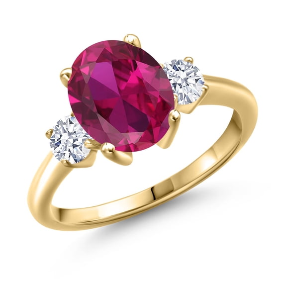 Gem Stone King 3.50 Ct Oval Red Created Ruby 18K Yellow Gold Plated Silver Ring