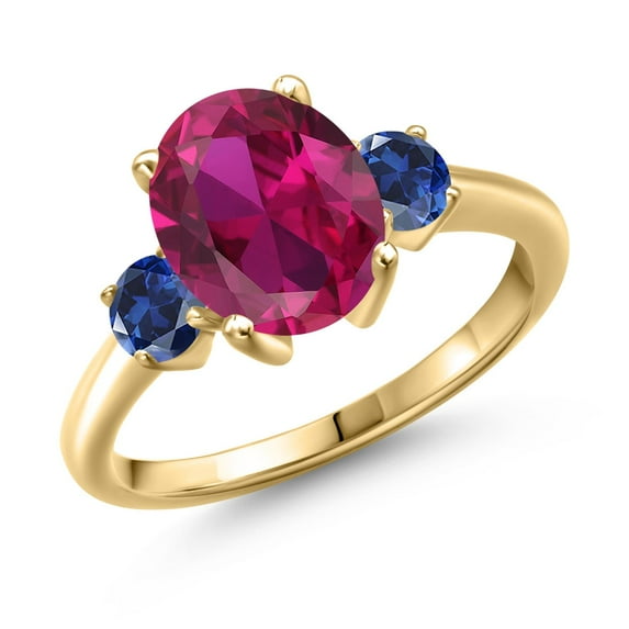 Gem Stone King 3.50 Ct Red Created Ruby Blue Created Sapphire 18K Yellow Gold Plated Silver Ring