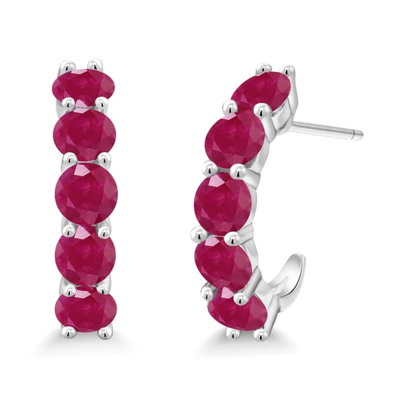 Gem Stone King 925 Sterling Silver Red Ruby and Hoop Earrings for Women | 3.50 Cttw | Gemstone July Birthstone | Round 4MM
