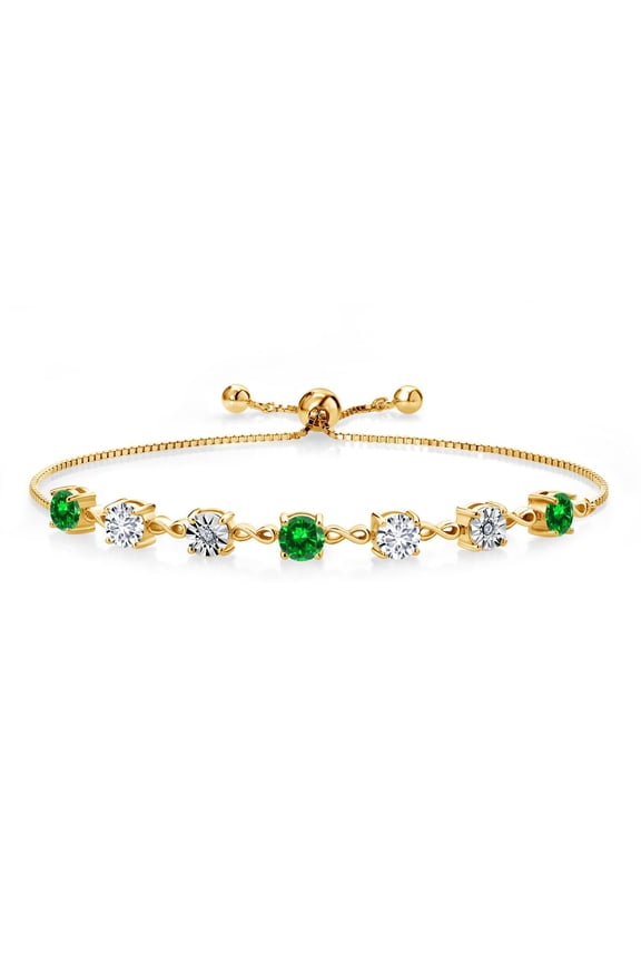 3.53 Ct Green Created Emerald and E-F Lab Grown Diamond 18K Yellow Gold Plated Silver Tennis Bracelet for Women (Fully Adjustable up to 9 inch)