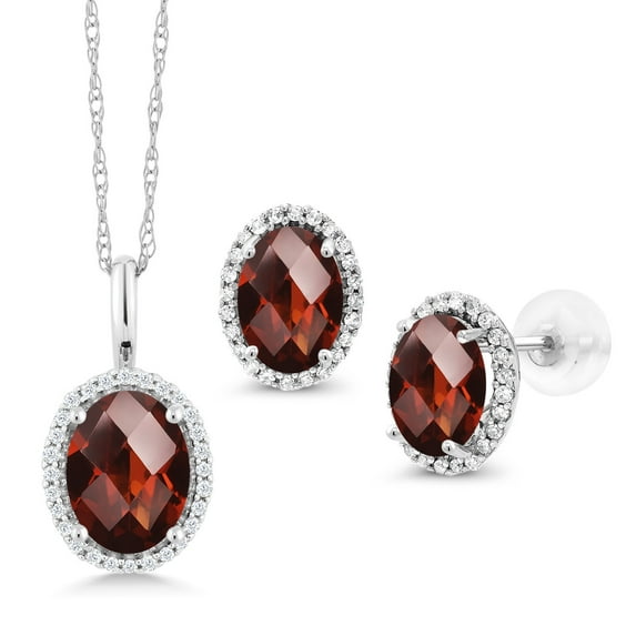Gem Stone King 3.53 Ct Oval Checkerboard Red Garnet 10K White Gold Pendant and Earrings Jewelry Set