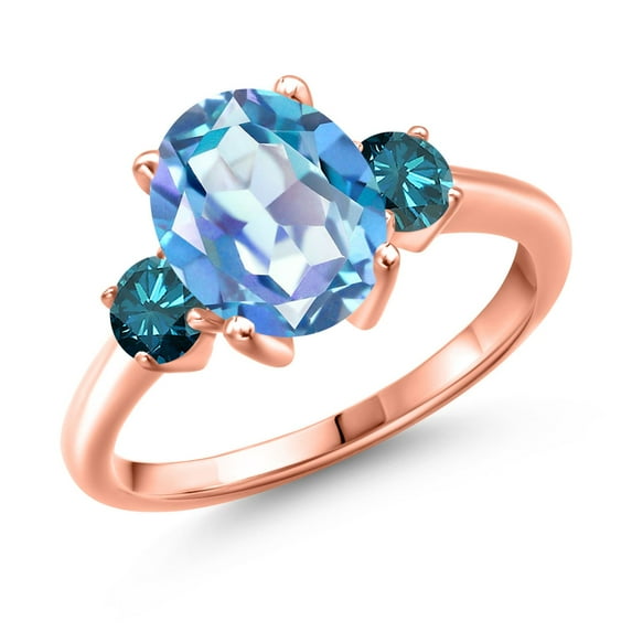 Gem Stone King 3.54 Ct Millennium Blue Mystic Quartz Blue Diamond 18K Rose Gold Plated Silver Ring