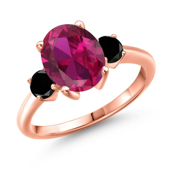 Gem Stone King 3.54 Ct Oval Red Created Ruby Black Diamond 18K Rose Gold Plated Silver Ring