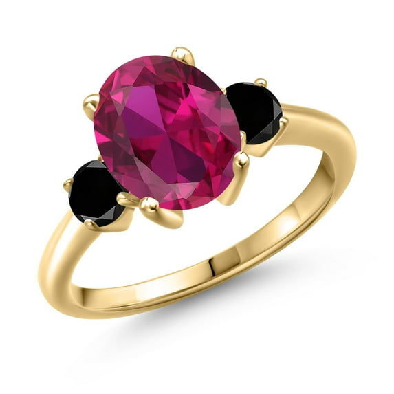 Gem Stone King 3.54 Ct Oval Red Created Ruby Black Diamond 18K Yellow Gold Plated Silver Ring