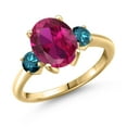 thumbnail image 1 of Gem Stone King 3.54 Ct Oval Red Created Ruby Blue Diamond 18K Yellow Gold Plated Silver Ring, 1 of 6