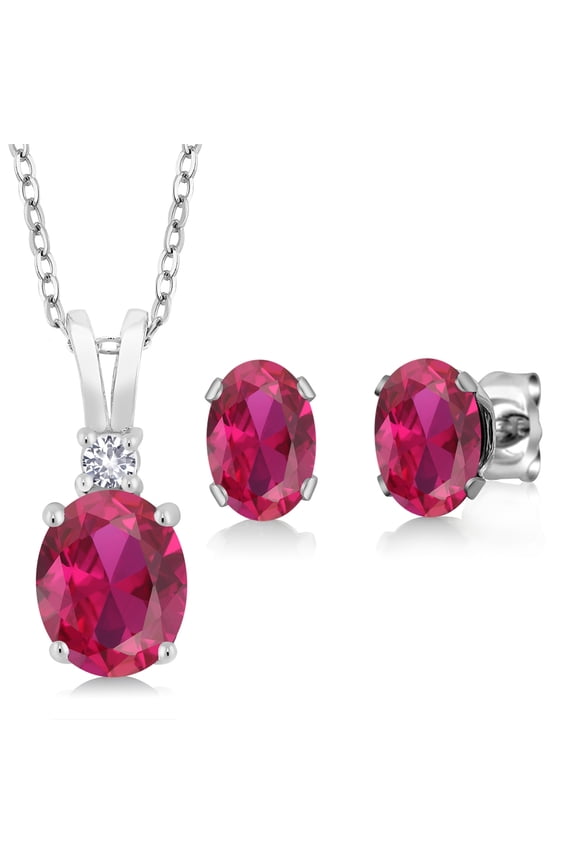 3.55 Ct Oval Red Created Ruby 925 Sterling Silver Pendant and Earrings Jewelry Set