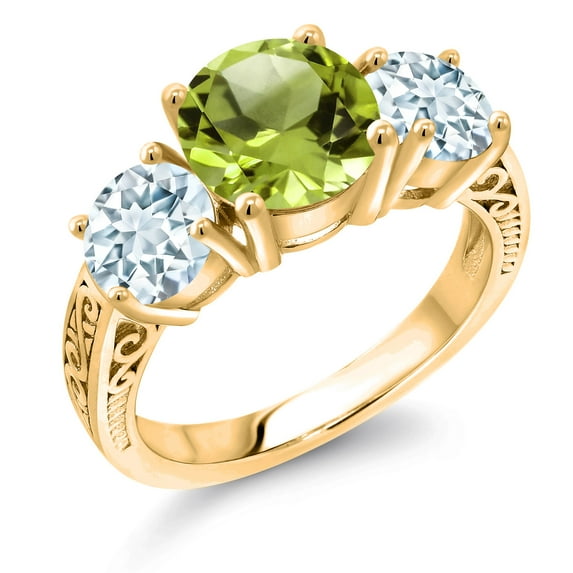 Gem Stone King 3.57 Ct Green Peridot Sky Blue Aquamarine 18K Yellow Gold Plated Silver Ring (Size 6)