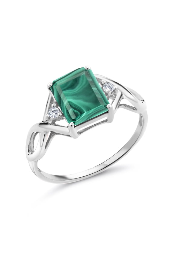 3.58 Ct Emerald Cut Green Malachite E-F Lab Grown Diamond 925 Sterling Silver Ring (Size 5)