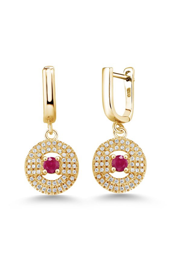 3.58 Ct Round Red Ruby 18K Yellow Gold Plated Silver Earrings