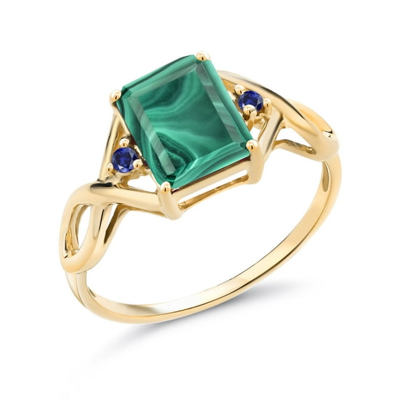 Gem Stone King 3.59 Ct Green Malachite Blue Created Sapphire 18K Yellow Gold Plated Silver Ring (Size 5)