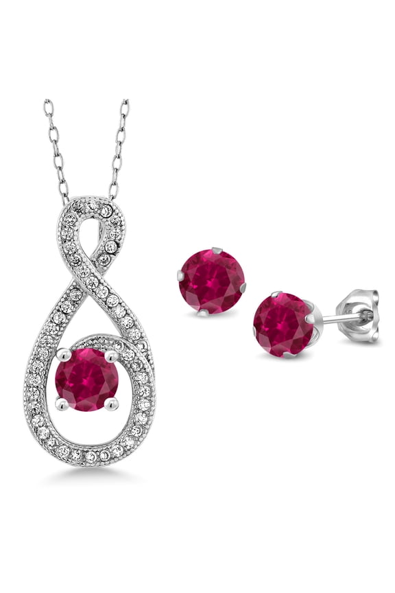 3.60 Ct Round Red Created Ruby 925 Sterling Silver Pendant and Earrings Jewelry Set