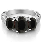 GEM STONE KING 3.60 Cttw Black Onyx 3-Stone Ring for Women in 925 Sterling Silver | Oval 9X7MM and 7X5MM | Gemstone Birthstone | Available in Size 5, 6, 7, 8, 9