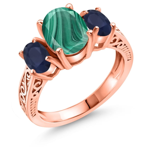 Gem Stone King 3.61 Ct Oval Green Malachite Blue Sapphire 18K Rose Gold Plated Silver Ring (Size 7)