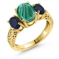 thumbnail image 1 of Gem Stone King 3.61 Ct Oval Green Malachite Blue Sapphire 18K Yellow Gold Plated Silver Ring (Size 9), 1 of 6