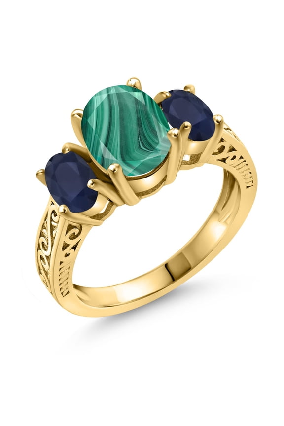 3.61 Ct Oval Green Malachite Blue Sapphire 18K Yellow Gold Plated Silver Ring (Size 9)