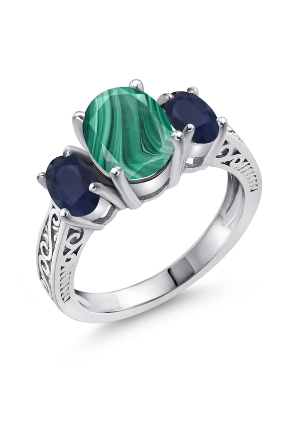 3.61 Ct Oval Green Malachite Blue Sapphire 925 Sterling Silver Ring (Size 9)