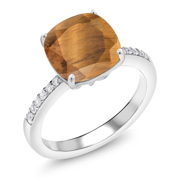 Gem Stone King 3.62 Ct Cushion Brown Tiger Eye 925 Sterling Silver Ring