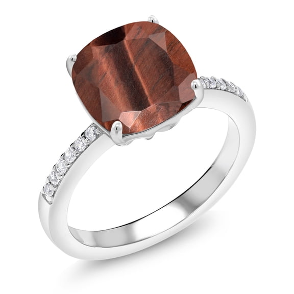 Gem Stone King 3.62 Ct Cushion Red Tiger Eye 925 Sterling Silver Ring
