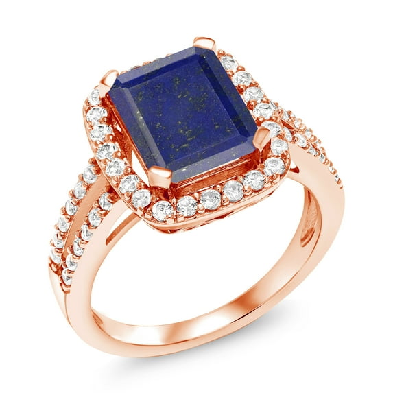 Gem Stone King 3.62 Ct Emerald Cut Blue Lapis 18K Rose Gold Plated Silver Ring (Size 5)