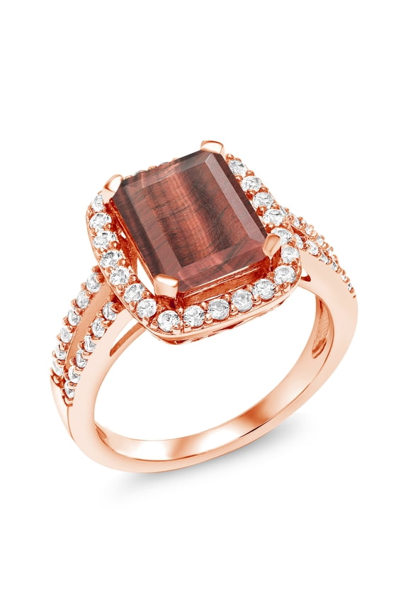 3.62 Ct Emerald Cut Red Tiger Eye 18K Rose Gold Plated Silver Ring (Size 6)