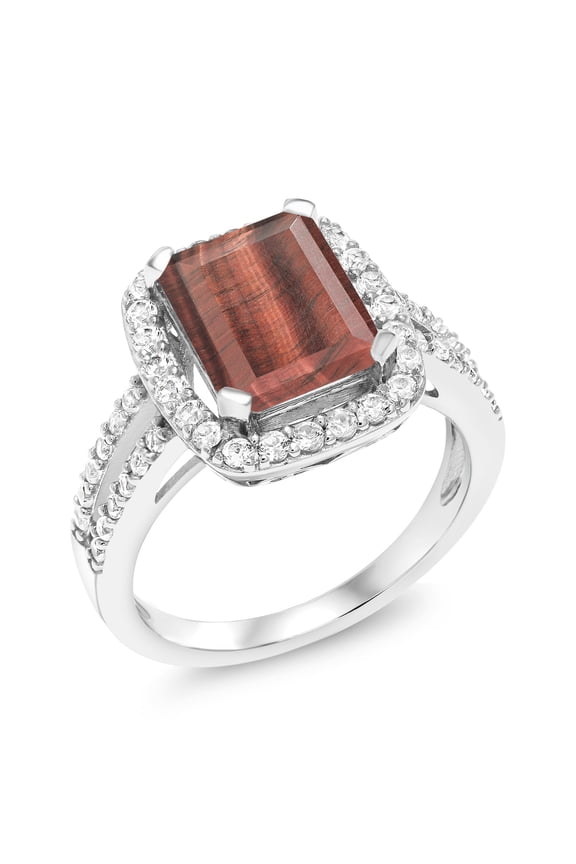 3.62 Ct Emerald Cut Red Tiger Eye 925 Sterling Silver Ring (Size 5)