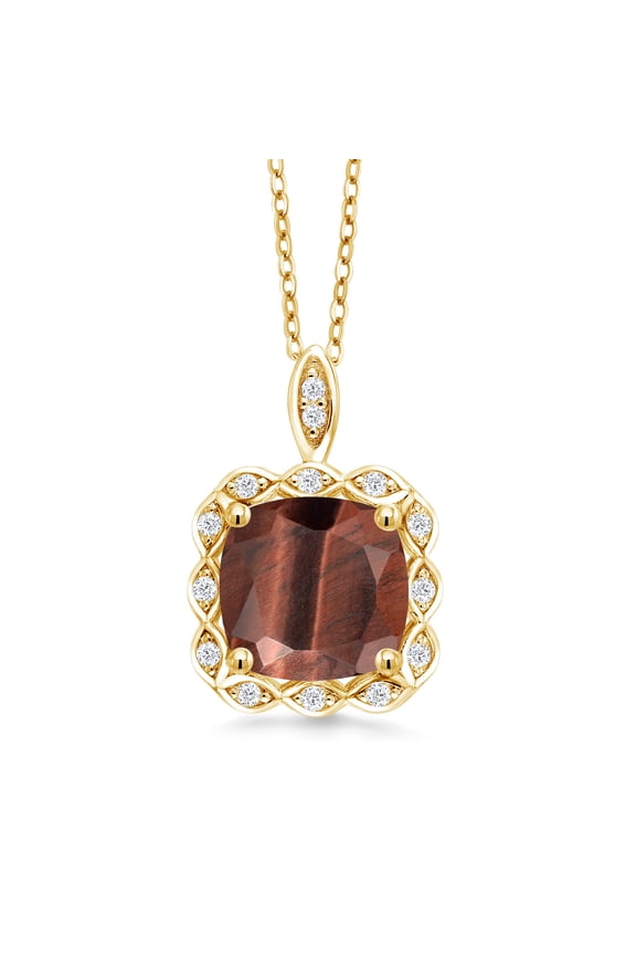 3.64 Ct Cushion Red Tiger Eye 18K Yellow Gold Plated Silver Pendant with Chain