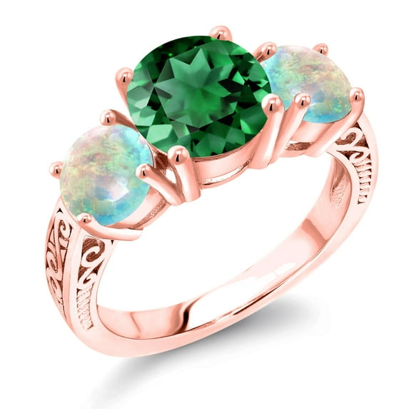 Gem Stone King 3.65 Ct Green Simulated Emerald White Simulated Opal 18K Rose Gold Plated Silver Ring (Size 5)