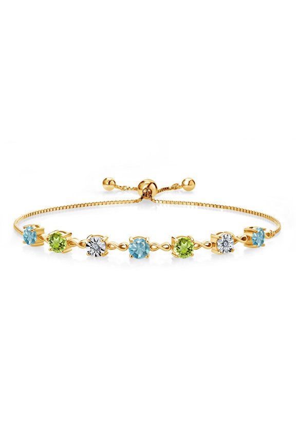 3.66 Ct Round Blue Zircon Green Peridot 18K Yellow Gold Plated Silver Lab Grown Diamond Tennis Bracelet for Women (Fully Adjustable up to 9 inch)