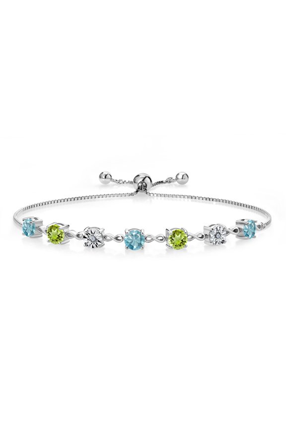 3.66 Ct Round Blue Zircon Green Peridot 925 Sterling Silver Lab Grown Diamond Tennis Bracelet for Women (Fully Adjustable up to 9 inch)