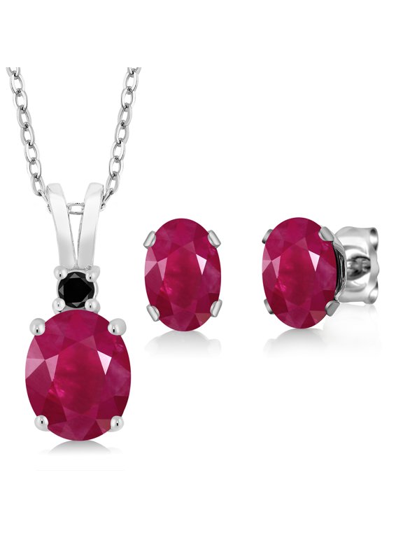 3.67 Ct Oval Red Ruby 925 Sterling Silver Pendant and Earrings Jewelry Set