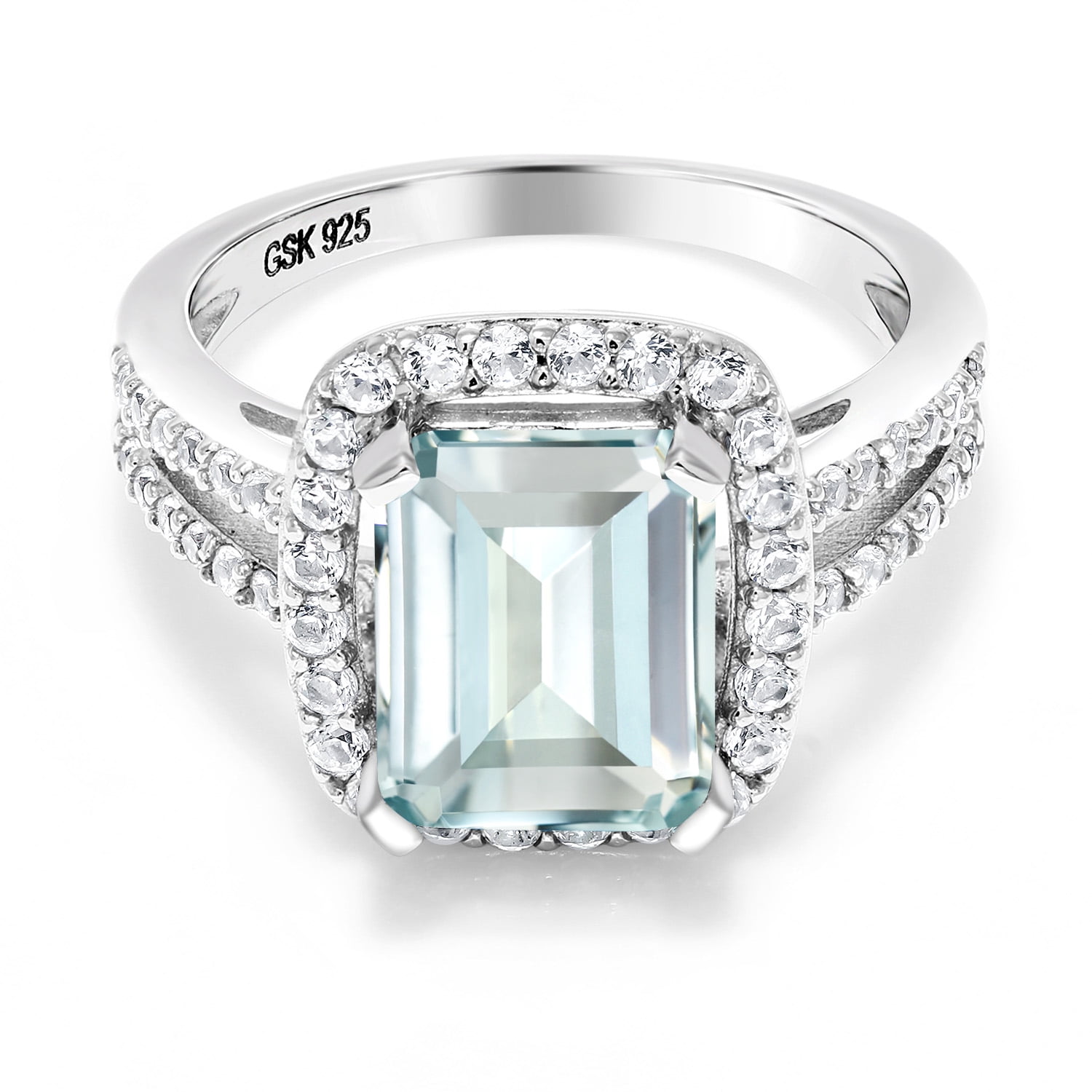 Gem Stone King 3.68 Cttw Sky Blue Simulated Aquamarine Engagement Ring for Women | 925 Sterling Silver | Emerald Cut 10X8MM | Wedding Engagement Anniversary Promise Ring for Women | Size 7