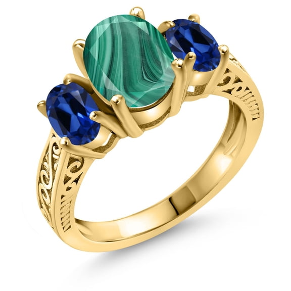 Gem Stone King 3.70 Ct Green Malachite Blue Created Sapphire 18K Yellow Gold Plated Silver Ring (Size 8)