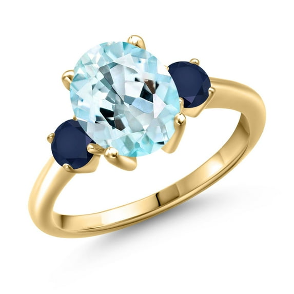 Gem Stone King 3.70 Ct Oval Sky Blue Topaz Blue Sapphire 18K Yellow Gold Plated Silver Ring