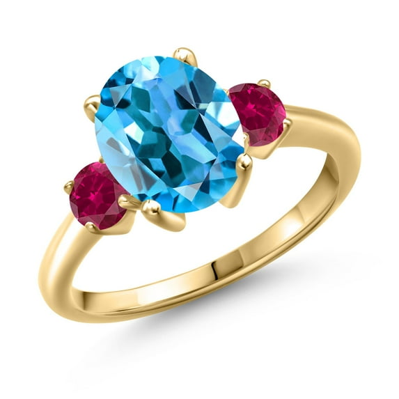 Gem Stone King 3.70 Ct Oval Swiss Blue Topaz Red Created Ruby 18K Yellow Gold Plated Silver Ring