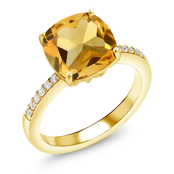 Gem Stone King 3.72 Ct Cushion Yellow Citrine 18K Yellow Gold Plated Silver Ring