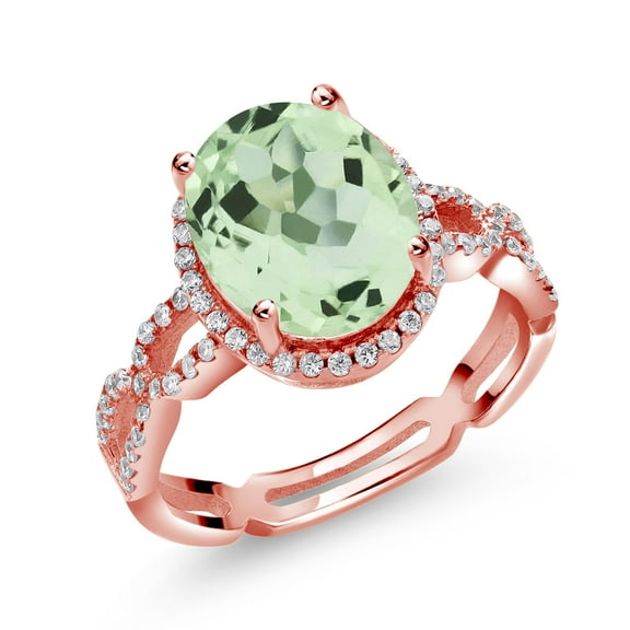 Gem Stone King 3.72 Ct Green Prasiolite White Created Sapphire 18K Rose Gold Plated Silver Ring (Size 6)
