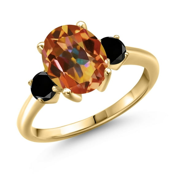 Gem Stone King 3.74 Ct Oval Ecstasy Mystic Topaz Black Diamond 18K Yellow Gold Plated Silver Ring