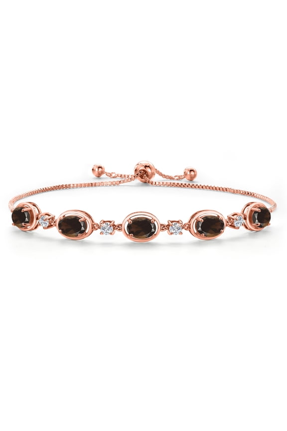 18K Rose Gold Plated Silver Brown Smoky Quartz and Lab Grown Diamond Bracelet for Women | 4.15 Cttw | Gemstone Birthstone | Oval 7X5MM | Fully Adjustable 9 inch