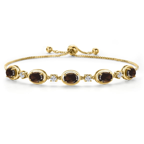 Gem Stone King 18K Yellow Gold Plated Silver Brown Smoky Quartz and Lab Grown Diamond Bracelet for Women | 4.15 Cttw | Gemstone Birthstone | Oval 7X5MM | Fully Adjustable 9 inch