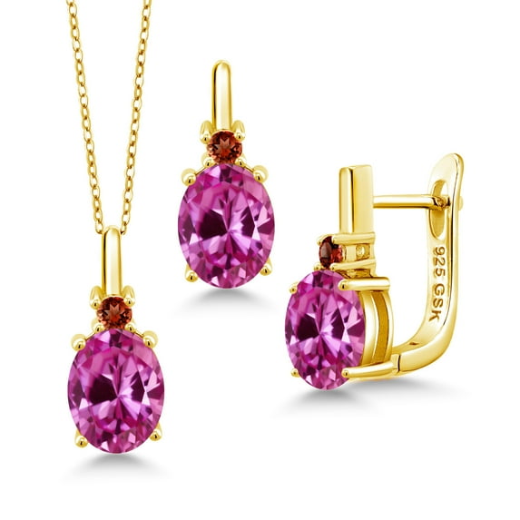 Gem Stone King 3.75 Ct Pink Created Sapphire Red Garnet 18K Yellow Gold Plated Silver Pendant and Earrings Jewelry Set