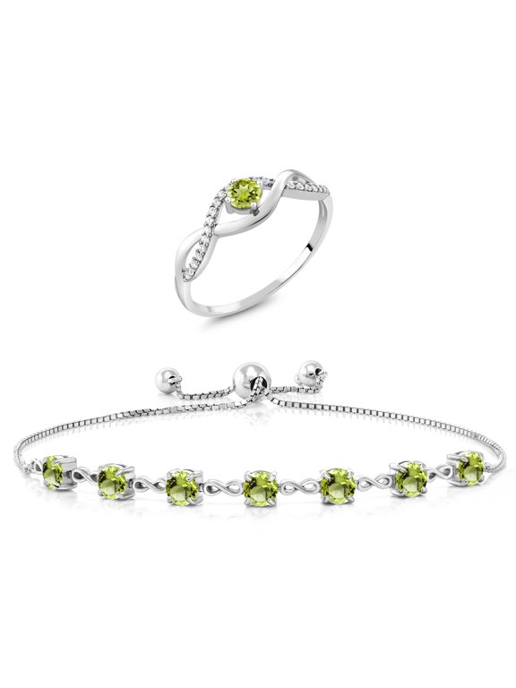 3.76 Ct Round Green Peridot 925 Sterling Silver Ring and Bracelet Jewelry Set (Size 5)