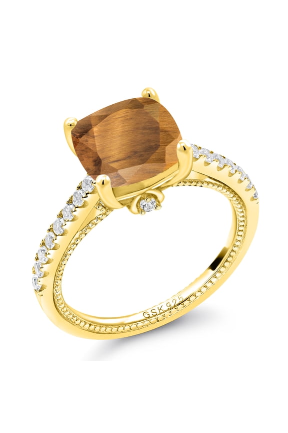 3.77 Ct Brown Tiger Eye White Created Sapphire 18K Yellow Gold Plated Silver Ring (Size 7)