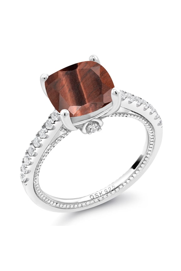 3.77 Ct Cushion Red Tiger Eye White Created Sapphire 925 Sterling Silver Ring (Size 7)